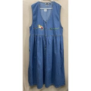 Vintage Denim Dress Womens 20 Farm Ranch Embroidered Jumper Talk America Modest